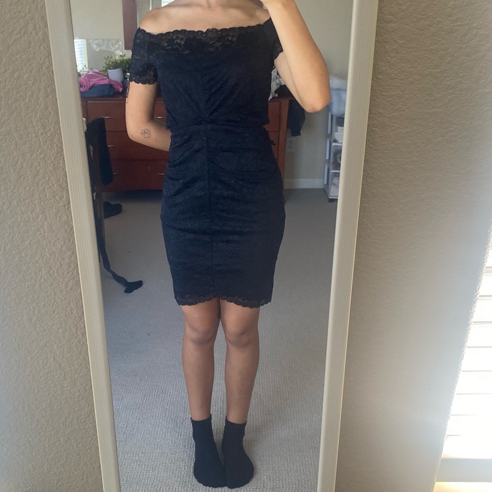 Lace off the shoulder black mini dress